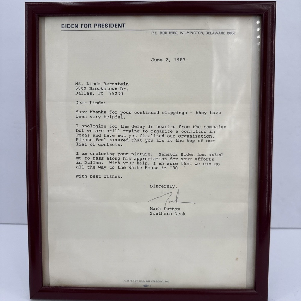1987 Biden For President‎ Campaign Letter Original Dallas TX Political